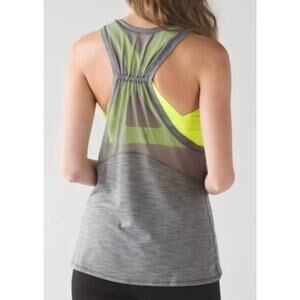 Lululemon “The Circuit Tank” 6 Gray & neon yellow mesh design criss-cross back